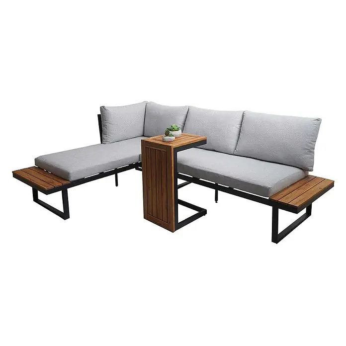 Mendler Loungemöbel-Set HWC-L27 - 3 -tlg., Holz, Hellgrau, Hellgrau - Outdoor-Lounge-Set mit hellgrauen Kissen, schwarzem Metallrahmen und Akzenten aus Naturholz, inklusive C-förmigem Beistelltisch.