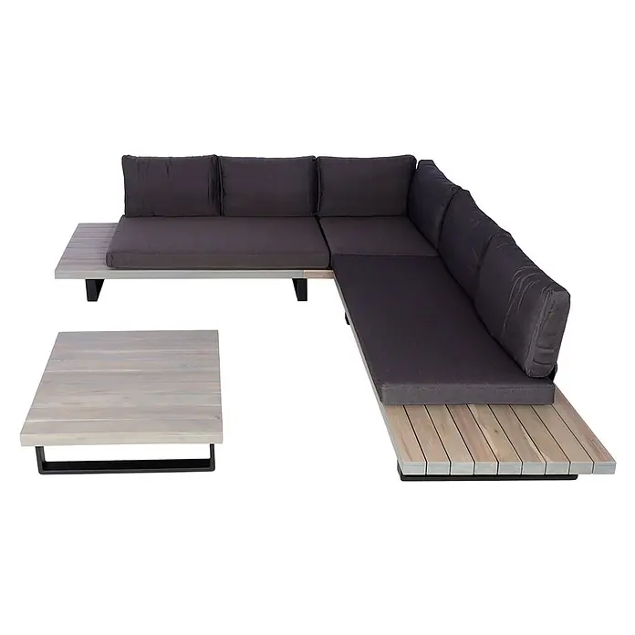 Garten-Garnitur | Garnitur Sitzgruppe Lounge-Set | Spun Poly Akazie Holz FSC® Alu | Grau | Polster Dunkelgrau -  - L-förmiges Outdoor-Sofa mit dunkelgrauen Polstern und heller Holzlatten-Basis, dazu passender Couchtisch mit schwarzen Metallbeinen.