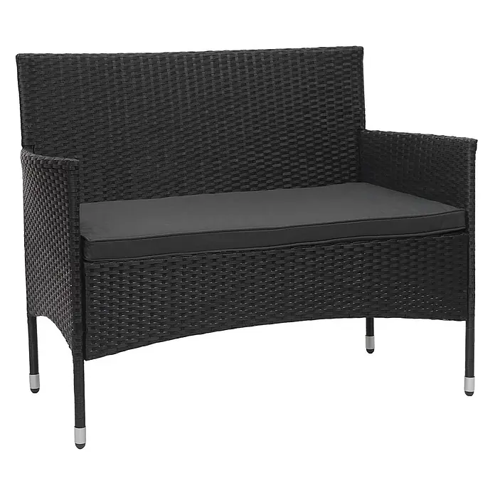 Poly-Rattan Garnitur | Balkon-/Garten-/Lounge-Set Sofa Sitzgruppe | Schwarz | Kissen Dunkelgrau -  - Schwarze Gartenbank im Rattan-Look mit dunkelgrauem Sitzkissen.