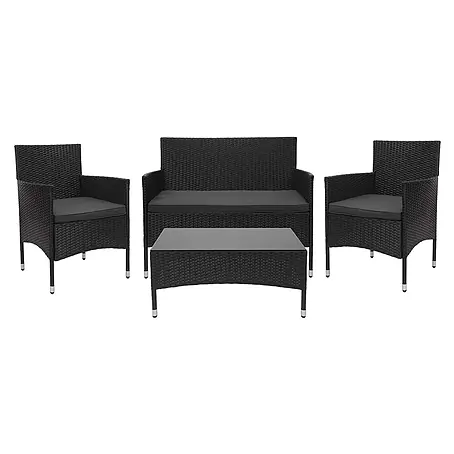 Poly-Rattan Garnitur | Balkon-/Garten-/Lounge-Set Sofa Sitzgruppe | Schwarz | Kissen Dunkelgrau