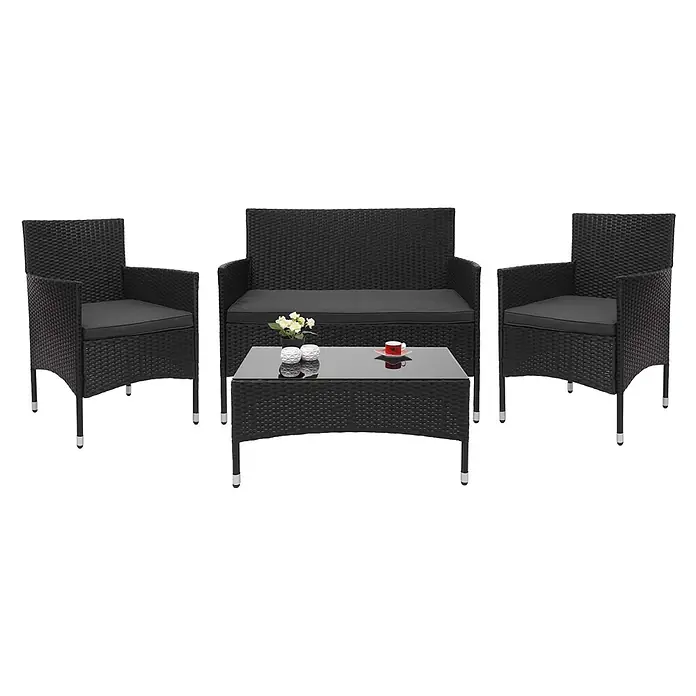Poly-Rattan Garnitur | Balkon-/Garten-/Lounge-Set Sofa Sitzgruppe | Schwarz | Kissen Dunkelgrau -  - Schwarzes Rattan-Gartenmöbelset mit Loveseat, zwei Sesseln und einem Couchtisch mit Glasplatte, alle mit dunkelgrauen Kissen.