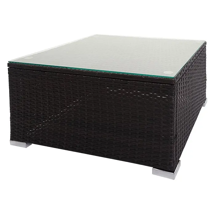 Poly-Rattan Garnitur | Balkon-/Garten-/Lounge-Set Sofa Sitzgruppe | Braun | Kissen Dunkelgrau ohne Dekokissen -  - Quadratischer dunkelbrauner geflochtener Couchtisch mit klarer Glasplatte und silbernen Füßen.