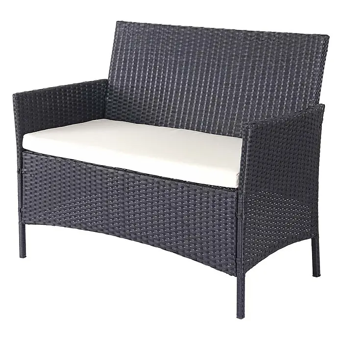 Mendler Poly-Rattan Garten-Garnitur HWC-D82 - schwarz mit Kissen Creme -  - Dunkelgraue Rattan-Optik Zweisitzer-Gartenbank mit weißen Kissen.