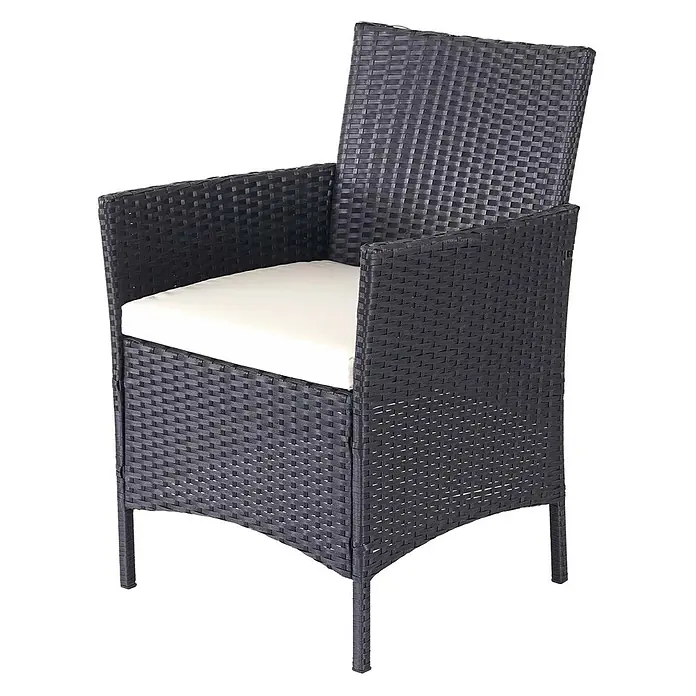Mendler Poly-Rattan Garten-Garnitur HWC-D82 - schwarz mit Kissen Creme -  - Schwarzer Korbsessel mit Armlehnen und cremefarbenem Kissen.