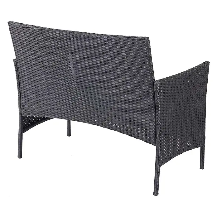 Mendler Poly-Rattan Garten-Garnitur HWC-D82 - schwarz mit Kissen Creme -  - Dunkelgraues Outdoor-Sofa aus Polyrattan für zwei Personen, von hinten rechts gesehen, mit Flechtstruktur und geschwungenem Design.