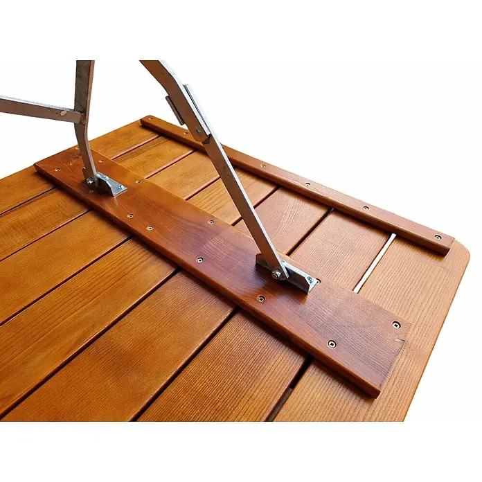 CHEFGASTRO BERGTAL Made in Germany HxBxT 74x120x80cm klappbar wetterfest & UV-beständig Eschenholz Silber/Braun 6 Peronen -  - Unterseite eines klappbaren Holztisches mit Latten und Metallbeinhalterungen.