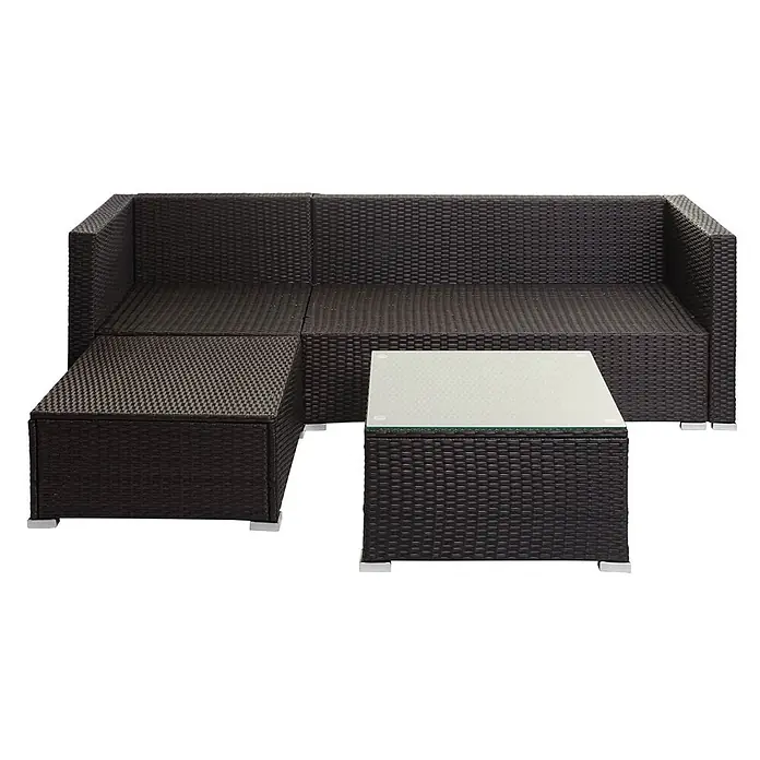 Poly-Rattan Garnitur | Balkon-/Garten-/Lounge-Set Sofa Sitzgruppe | Braun | Kissen Dunkelgrau ohne Dekokissen -  - Dunkelbraunes L-förmiges Rattan-Sofa mit Ottomane und passendem Couchtisch mit Glasplatte.