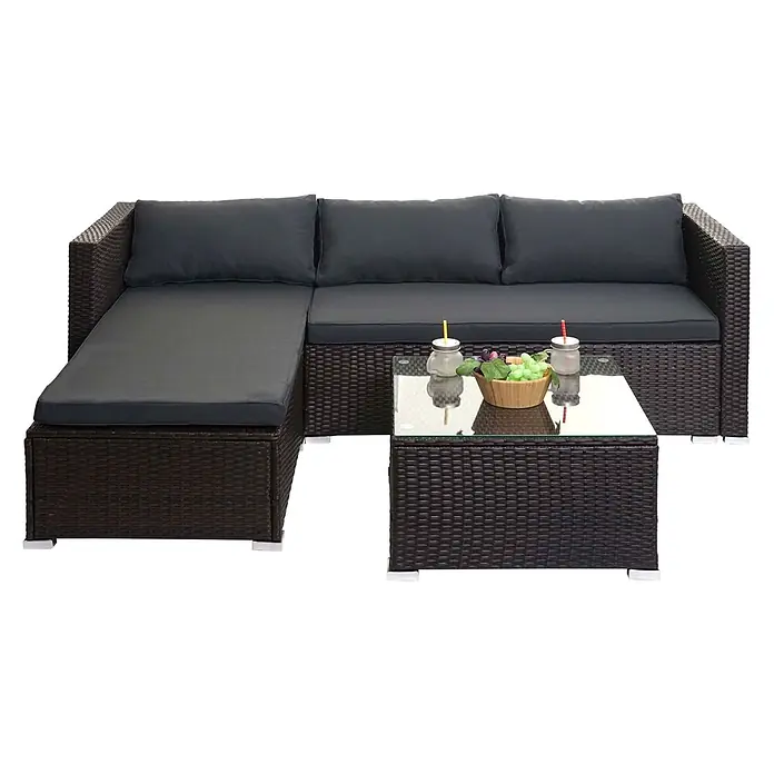 Poly-Rattan Garnitur | Balkon-/Garten-/Lounge-Set Sofa Sitzgruppe | Braun | Kissen Dunkelgrau ohne Dekokissen -  - Dunkelbraunes Rattan L-förmiges Outdoor-Sofa mit dunkelgrauen Kissen und passendem Couchtisch mit Glasplatte.