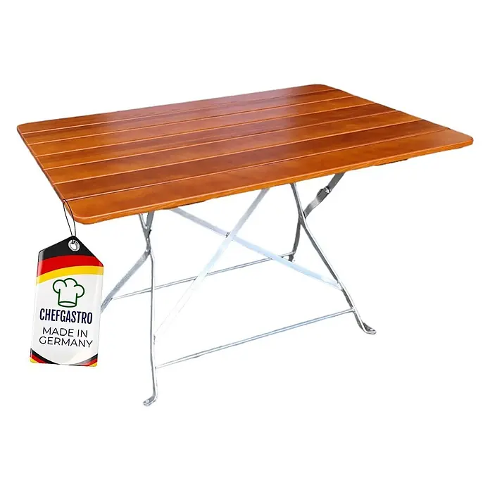 CHEFGASTRO BERGTAL Made in Germany HxBxT 74x120x80cm klappbar wetterfest & UV-beständig Eschenholz Silber/Braun 6 Peronen -  - Rechteckiger brauner Holztisch mit silbernem Metallgestell.