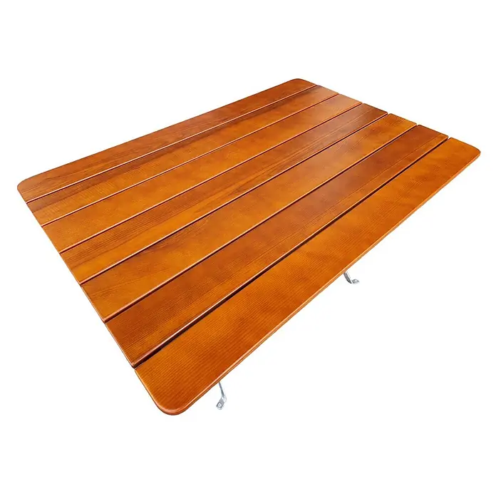 CHEFGASTRO BERGTAL Made in Germany HxBxT 74x120x80cm klappbar wetterfest & UV-beständig Eschenholz Silber/Braun 6 Peronen -  - Braune Holzlamellen-Klapptischplatte mit abgerundeten Kanten.