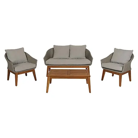 Gartengarnitur | Garten-/Lounge-Set Sofa Sitzgruppe | Poly-Rattan Holz Akazie | Grau | Kissen Hellgrau