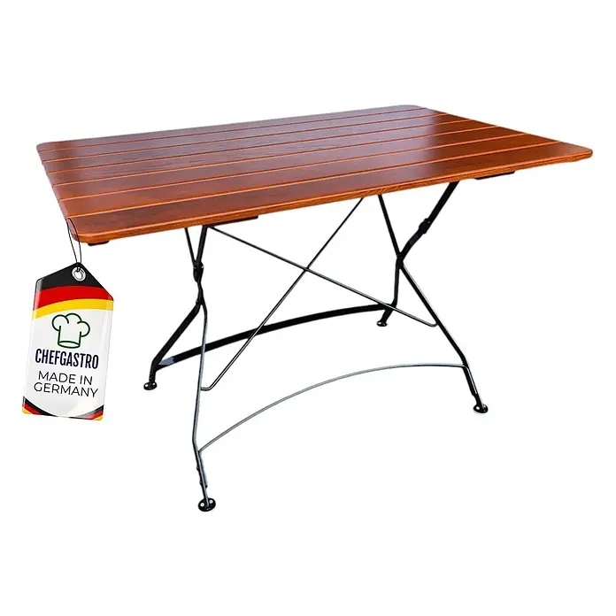 CHEFGASTRO BAVARIA Made in Germany HxBxT 74x120x80cm klappbar wetterfest & UV-beständig Eschenholz Schwarz/Braun -  - Brauner Klapptisch aus Holzlatten mit schwarzem Metallgestell und 'Made in Germany' Etikett.