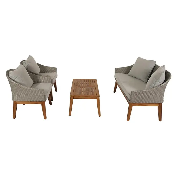 Gartengarnitur | Garten-/Lounge-Set Sofa Sitzgruppe | Poly-Rattan Holz Akazie | Grau | Kissen Hellgrau -  - Gartenmöbelset mit zwei grauen Rattanstühlen, einem passenden Zweisitzer-Sofa und einem rechteckigen Holztisch mit hellgrauen Polstern.