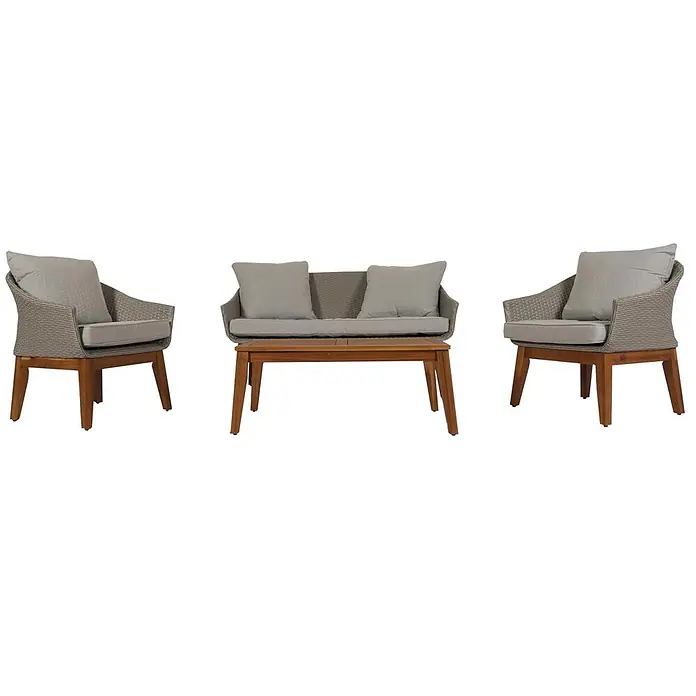 Gartengarnitur | Garten-/Lounge-Set Sofa Sitzgruppe | Poly-Rattan Holz Akazie | Grau | Kissen Hellgrau -  - Gartenmöbel-Set mit zwei gewebten Sesseln, einem Zweisitzer-Sofa und einem Couchtisch aus Holz, alle mit hellgrauen Kissen.