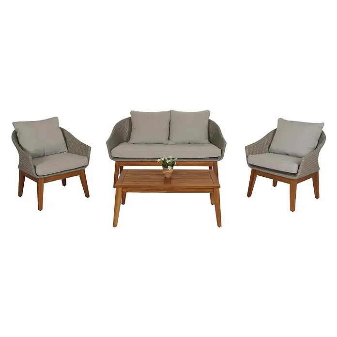 Gartengarnitur | Garten-/Lounge-Set Sofa Sitzgruppe | Poly-Rattan Holz Akazie | Grau | Kissen Hellgrau -  - Graues Outdoor-Sitzset aus geflochtenem Rattan mit hellgrauen Kissen und Holzrahmen: zwei Sessel, ein Zweisitzer und ein Couchtisch.