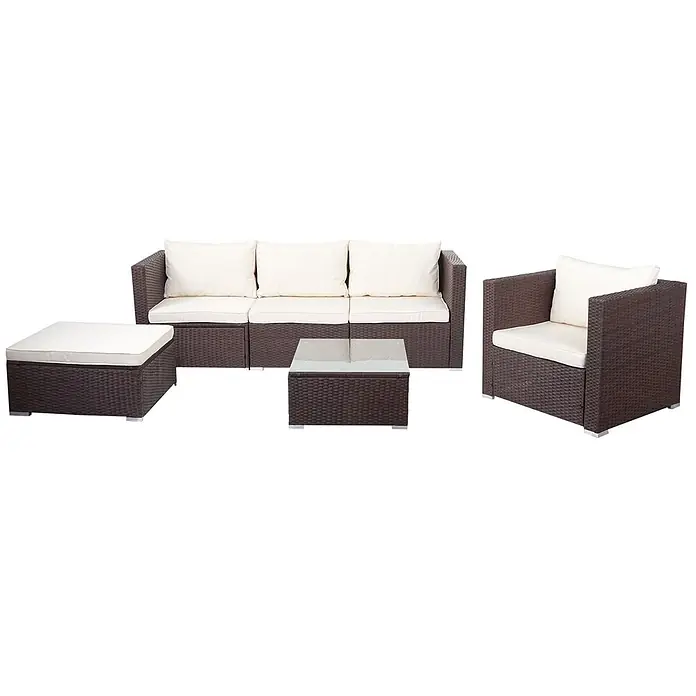 Poly-Rattan-Garnitur | Gartengarnitur Sitzgruppe Sofa Lounge-Set | Braun | Kissen Creme -  - Fünfteiliges Outdoor-Loungeset aus dunkelbraunem Rattan mit cremefarbenen Kissen und einem Couchtisch mit Glasplatte.