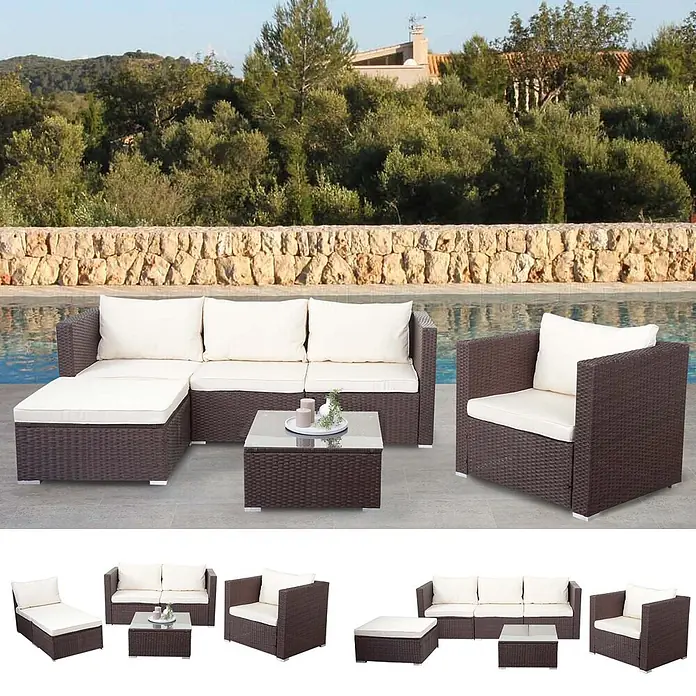 Poly-Rattan-Garnitur | Gartengarnitur Sitzgruppe Sofa Lounge-Set | Braun | Kissen Creme -  - Braune Rattan-Gartenloungegarnitur, Sessel und Couchtisch mit cremefarbenen Kissen auf einer Terrasse am Pool.