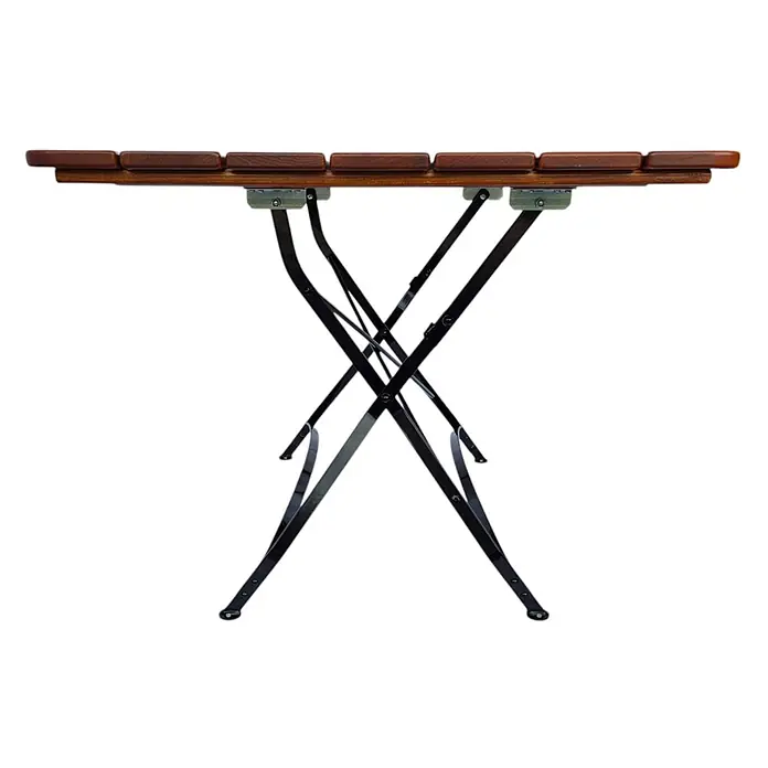 CHEFGASTRO BAVARIA Made in Germany HxBxT 74x120x80cm klappbar wetterfest & UV-beständig Eschenholz Schwarz/Braun -  - Klapptisch mit lattenförmiger brauner Holzplatte und schwarzen Metall-X-Beinen.