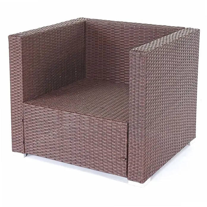 Poly-Rattan-Garnitur | Gartengarnitur Sitzgruppe Sofa Lounge-Set | Braun | Kissen Creme -  - Brauner Sessel aus geflochtenem Rattan mit quadratischem Design und silbernen Füßen.