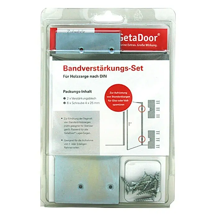 GetaDoor Bandverstärkungs-Set - Geeignet für: Ganzglastüren, Passend für: GetaDoor Holzzargen - Bild eines Geta Door Bandverstärkungs-Sets zur Verstärkung von Holzzargen nach DIN mit Verstärkungsblechen und Schrauben.