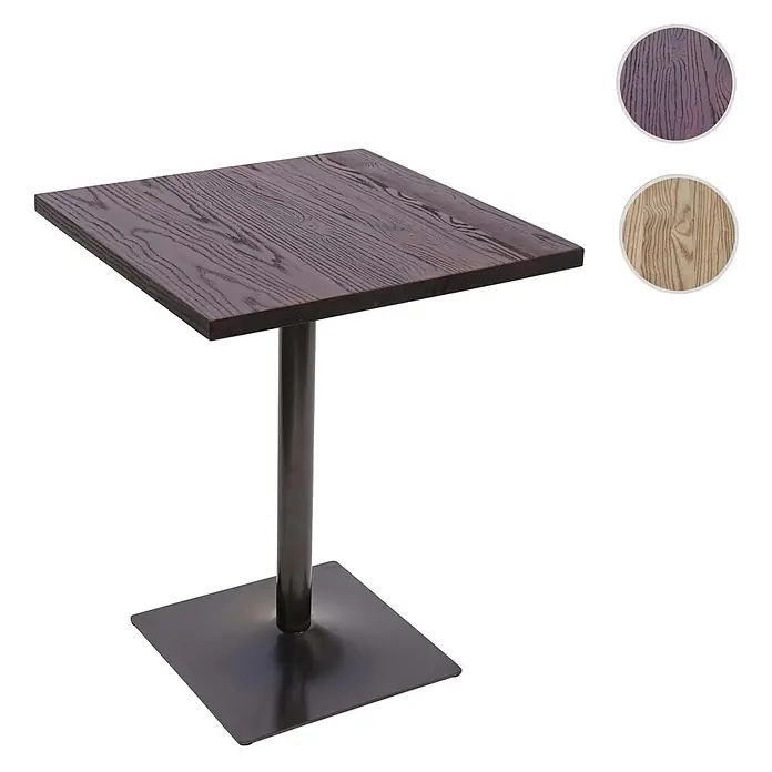 Bistrotisch | HxBxT 75x70x70cm | Industrial Gastro Metall Ulme Massivholz MVG | Hellbraun | Bartisch Thekentisch -  - Quadratischer Tisch aus dunklem Holz mit Metallsockel. Zeigt Muster für helle und lilafarbene Holzoptionen.