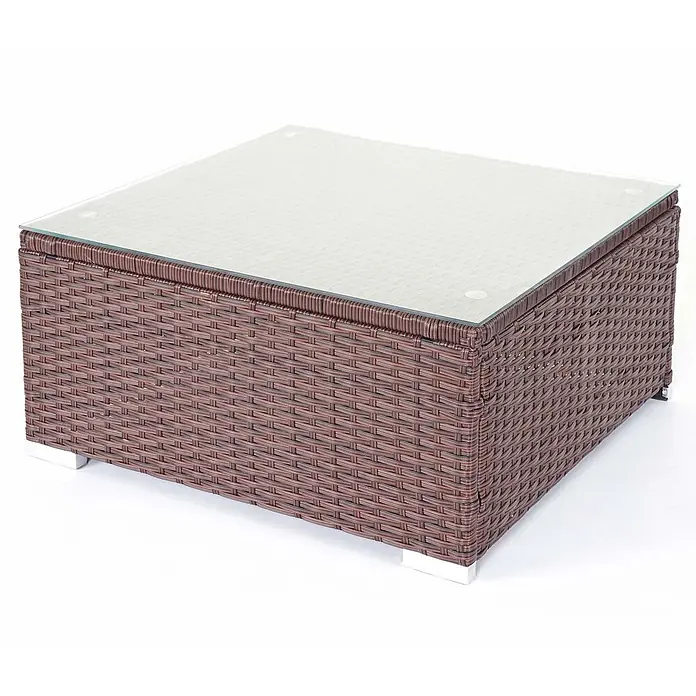 Poly-Rattan-Garnitur | Gartengarnitur Sitzgruppe Sofa Lounge-Set | Braun | Kissen Creme -  - Quadratischer brauner Outdoor-Couchtisch aus Geflecht mit Glasplatte und silbernen Füßen.