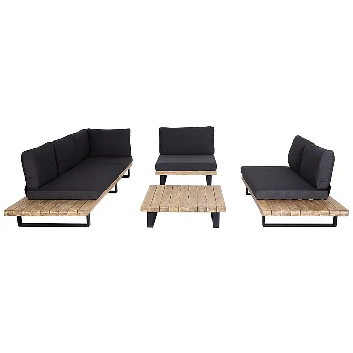 Garten-Garnitur mit Sessel | Lounge-Set Sofa | Spun Poly Akazie Holz FSC® Aluminium | Hellbraun | Polster Dunkelgrau -  - Outdoor-Sitzgruppe mit Ecksofa, Sessel und Couchtisch aus Holz mit dunkelgrauen Kissen.
