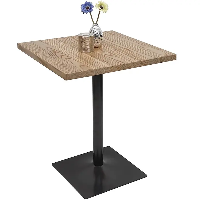 Bistrotisch | HxBxT 75x70x70cm | Industrial Gastro Metall Ulme Massivholz MVG | Hellbraun | Bartisch Thekentisch -  - Quadratischer Bistrotisch mit heller Holzplatte und schwarzem Metallsockel, dekoriert mit zwei Blumen und einem Kerzenhalter.