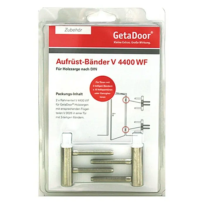 GetaDoor Aufrüst-Bänder V 4400 WF - Geeignet für: Ganzglastüren, Passend für: GetaDoor Holzzargen - Verpackte Geta Door Aufrüst-Bänder V 4400 WF, Zubehör für Holzzargen nach DIN, inklusive Rahmenteilen und Schrauben zur Türband-Aufrüstung.