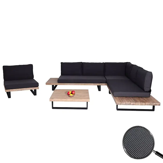 Garten-Garnitur mit Sessel | Lounge-Set Sofa | Spun Poly Akazie Holz FSC® Aluminium | Hellbraun | Polster Dunkelgrau -  - Outdoor-Lounge-Set aus hellem Holz mit schwarzen Textilkissen, L-förmigem Sofa, Sessel und Couchtisch.