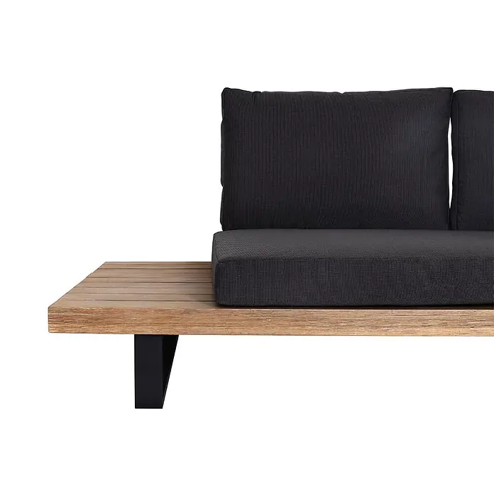 Garten-Garnitur mit Sessel | Lounge-Set Sofa | Spun Poly Akazie Holz FSC® Aluminium | Hellbraun | Polster Dunkelgrau -  - Eckteil eines Outdoor-Sofas mit Holzlattenbasis, schwarzen Beinen und dunkelgrauen gerippten Kissen.