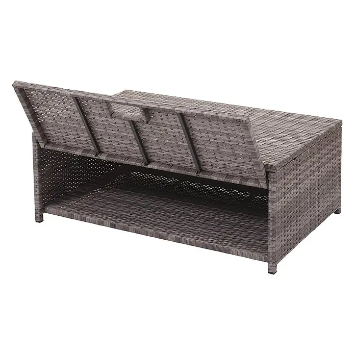 Poly-Rattan-Garnitur | Balkon-/Garten-/Lounge-Set Sitzgruppe Sofa | Staufach | Grau | Kissen Dunkelgrau -  - Graue Rattan-Aufbewahrungsbank mit teilweise geöffnetem Deckel, der Stauraum und ein unteres Regal zeigt.