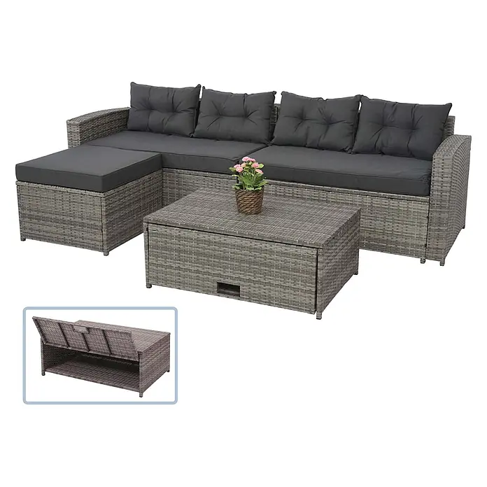 Mendler Loungemöbel-Set HWC-J34 - 4 -tlg., Polyrattan, Grau, Kissen dunkelgrau, Grau - Graue Rattan-Sitzgruppe für den Außenbereich mit dunklen Kissen und passendem Couchtisch mit Stauraum.
