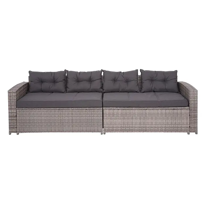Poly-Rattan-Garnitur | Balkon-/Garten-/Lounge-Set Sitzgruppe Sofa | Staufach | Grau | Kissen Dunkelgrau -  - Graues Rattan-Gartensofa mit dunkelgrauen Kissen, bestehend aus zwei Segmenten.