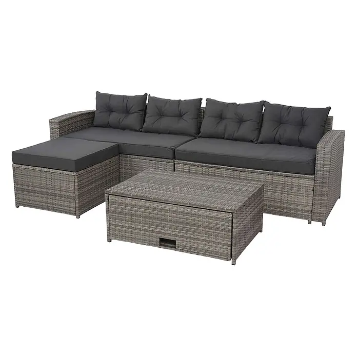 Mendler Loungemöbel-Set HWC-J34 - 4 -tlg., Polyrattan, Grau, Kissen dunkelgrau, Grau - Graues Rattan-Outdoor-Lounge-Set mit dunkelgrauen Kissen und passendem Stauraum-Couchtisch.