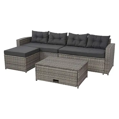Poly-Rattan-Garnitur | Balkon-/Garten-/Lounge-Set Sitzgruppe Sofa | Staufach | Grau | Kissen Dunkelgrau