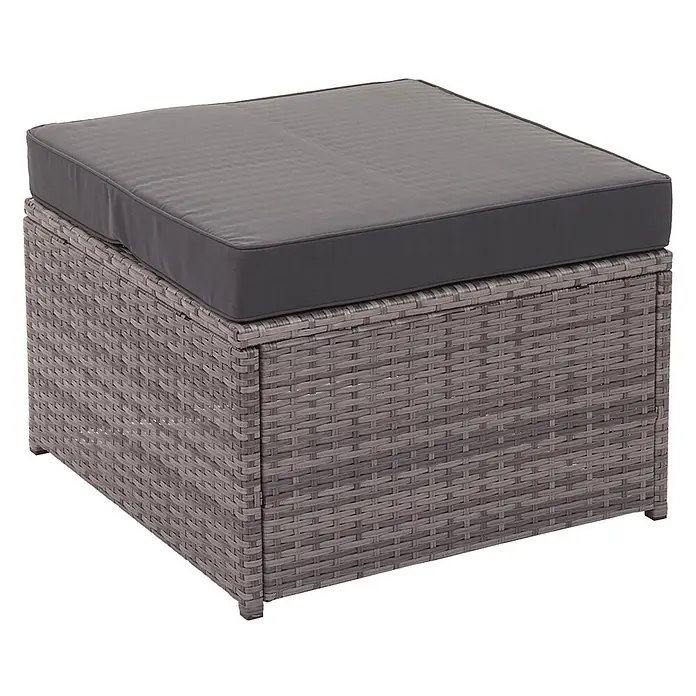 Poly-Rattan-Garnitur | Balkon-/Garten-/Lounge-Set Sitzgruppe Sofa | Staufach | Grau | Kissen Dunkelgrau -  - Grauer viereckiger Outdoor-Hocker aus Rattan mit dunkelgrauem Kissen.