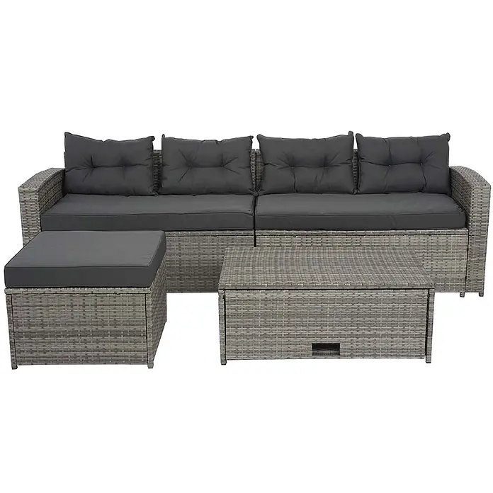 Mendler Loungemöbel-Set HWC-J34 - 4 -tlg., Polyrattan, Grau, Kissen dunkelgrau, Grau - Graues Rattan-Gartensofa-Set mit dunklen Kissen, Couchtisch und Ottomane.