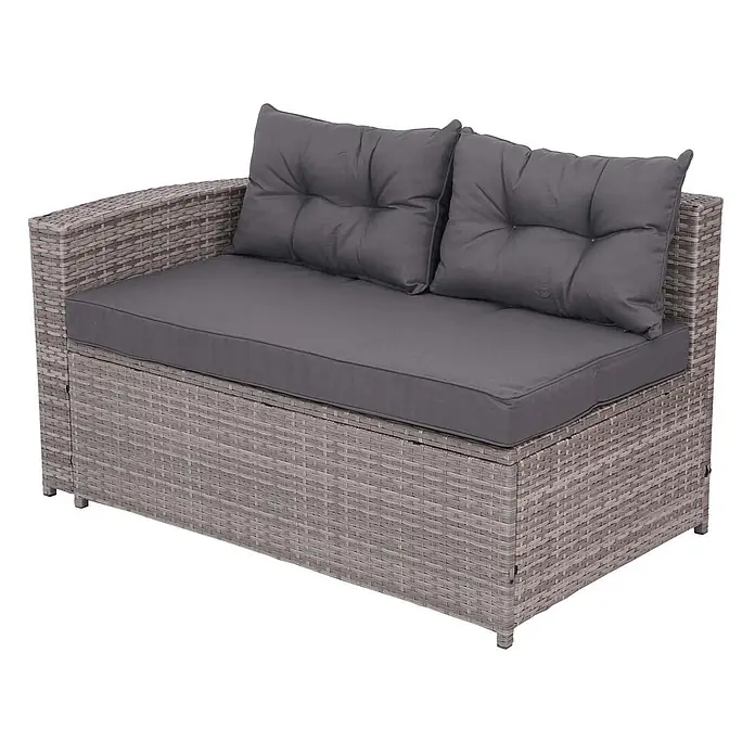 Mendler Loungemöbel-Set HWC-J34 - 4 -tlg., Polyrattan, Grau, Kissen dunkelgrau, Grau - Grau meliertes Rattan-Zweisitzer-Sofa für den Außenbereich mit dunkelgrauen Kissen.