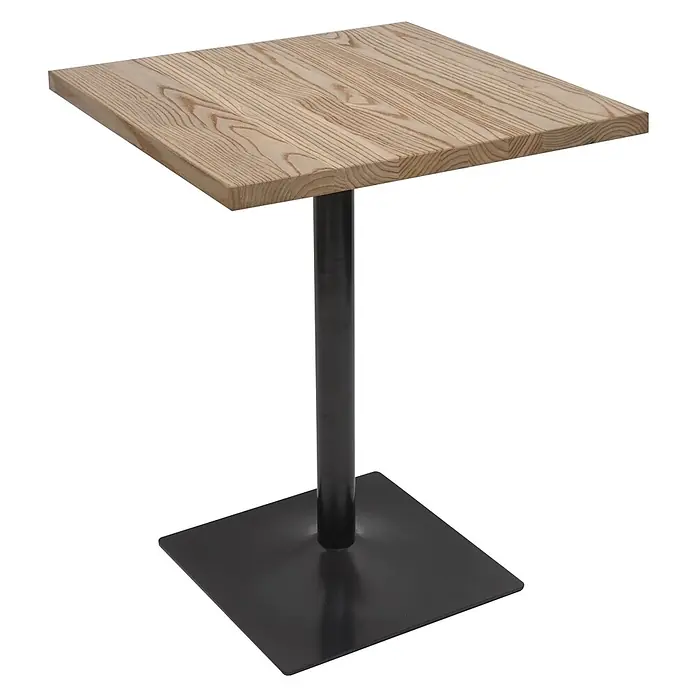 Bistrotisch | HxBxT 76x60x60cm | Industrial Gastronomie Ulme Holz MVG-zertifiziert | Hellbraun | Bartisch Thekentisch -  - Quadratischer Cafétisch mit heller Holzplatte, markanter Maserung und schwarzem Metallfuß.