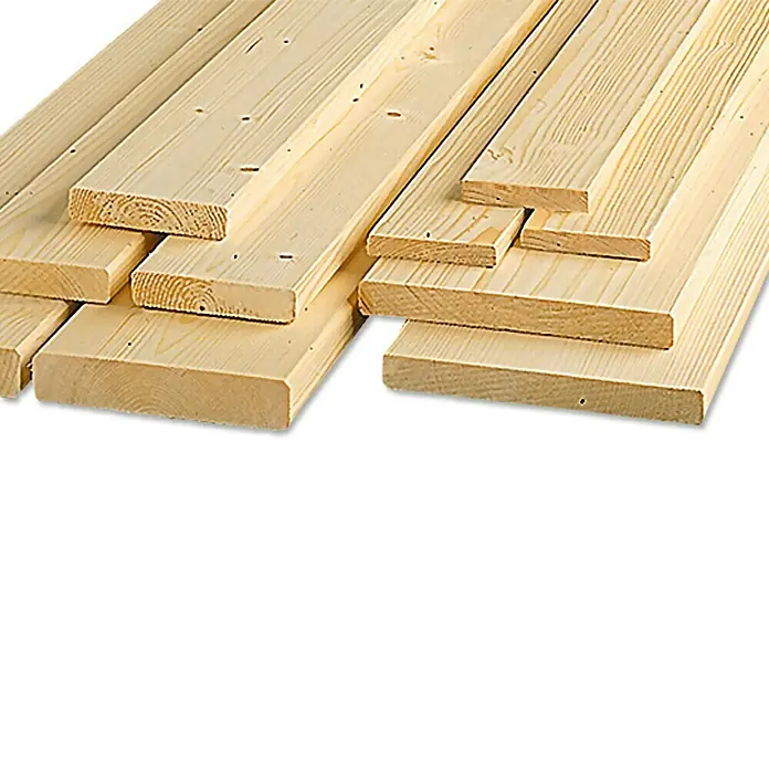 Suelo de madera maciza - L x An x Es: 3 m x 14,4 cm x 19 mm, Abeto - Una pila de madera clara sin tratar, ideal para proyectos de construcción o muebles de bricolaje, con grano de madera y nudos visibles.