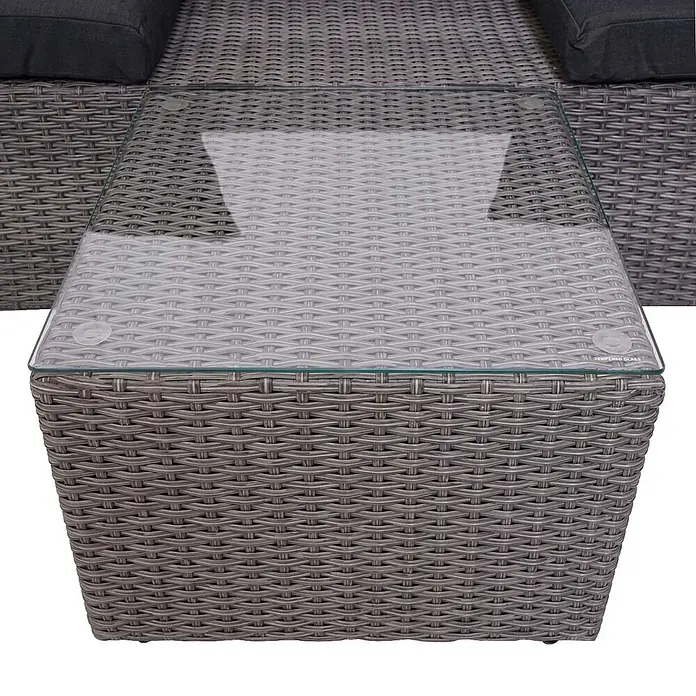 Mendler Loungemöbel-Set HWC-J37 - 4 -tlg., Rattan, Grau, Kissen anthrazit, Grau - Grauer Korbgeflecht-Gartentisch mit Glasplatte.