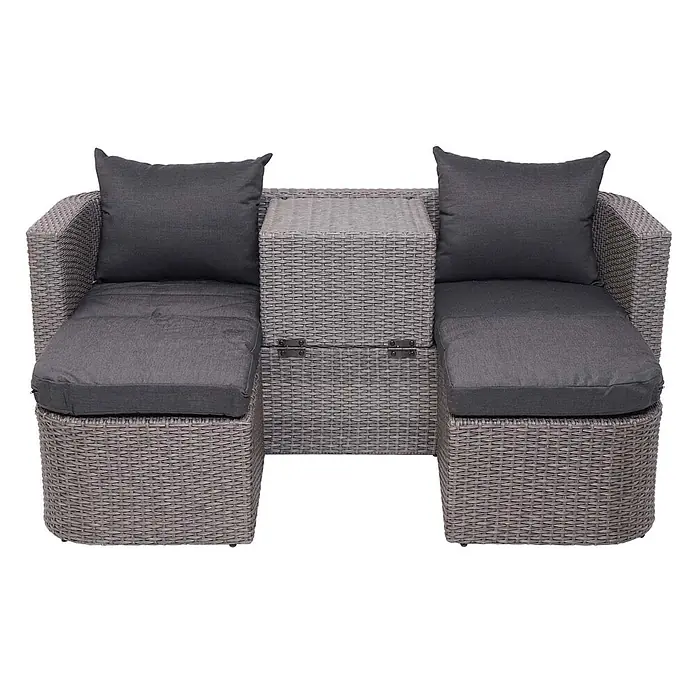 Mendler Loungemöbel-Set HWC-J37 - 4 -tlg., Rattan, Grau, Kissen anthrazit, Grau - Zweisitziges graues Rattan-Sofa mit dunkelgrauen Kissen und einem zentralen Aufbewahrungstisch mit hochklappbarer Platte.