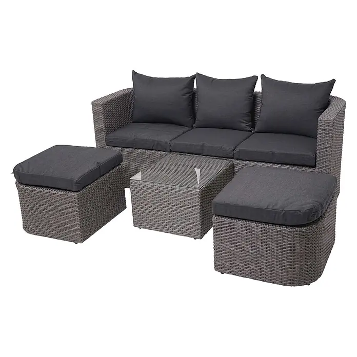 Mendler Loungemöbel-Set HWC-J37 - 4 -tlg., Rattan, Grau, Kissen anthrazit, Grau - Graue Rattan-Gartensitzgruppe mit dunkelgrauen Kissen, zwei Hockern und einem Couchtisch mit Glasplatte.