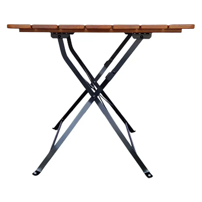 CHEFGASTRO BERGTAL Made in Germany HxBxT 74x80x80cm klappbar wetterfest & UV-beständig Eschenholz Schwarz/Braun 2 Personen -  - Klappbarer Tisch mit Holzlattenplatte und schwarzen X-förmigen Metallbeinen.