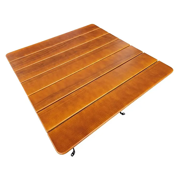 CHEFGASTRO BERGTAL Made in Germany HxBxT 74x80x80cm klappbar wetterfest & UV-beständig Eschenholz Schwarz/Braun 2 Personen -  - Braune hölzerne Rolltischplatte mit sichtbaren schwarzen Verbindungsstücken.