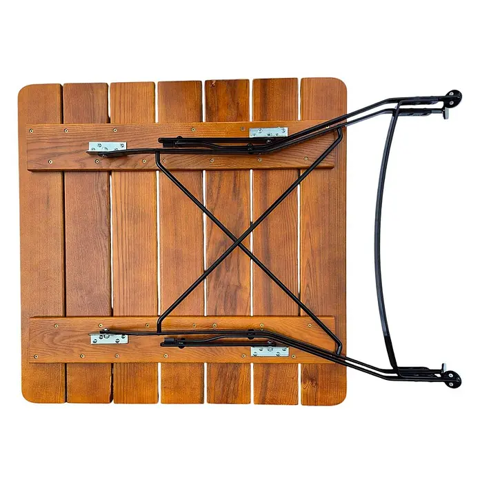 CHEFGASTRO  BAVARIA Made in Germany HxBxT 74x80x80cm klappbar wetterfest & UV-beständig Eschenholz Schwarz/Braun -  - Unterseite eines braunen Klapptisches aus Holz mit eingeklappten schwarzen Metallbeinen.