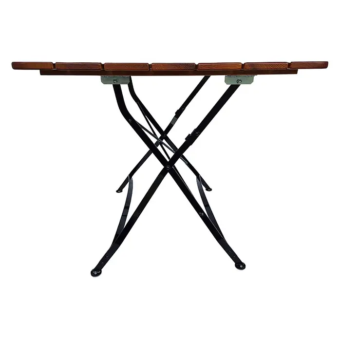 CHEFGASTRO  BAVARIA Made in Germany HxBxT 74x80x80cm klappbar wetterfest & UV-beständig Eschenholz Schwarz/Braun -  - Klapptisch mit brauner Holzlattenplatte und schwarzen X-förmigen Metallbeinen.