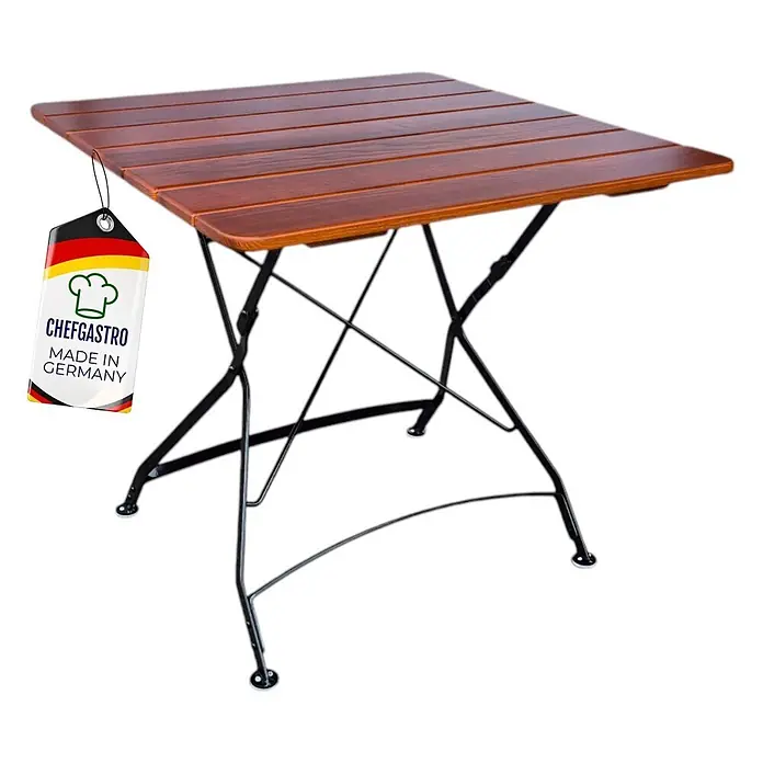 CHEFGASTRO  BAVARIA Made in Germany HxBxT 74x80x80cm klappbar wetterfest & UV-beständig Eschenholz Schwarz/Braun -  - Quadratischer klappbarer Holztisch mit brauner Platte, schwarzem Metallgestell und "Made in Germany" Etikett.
