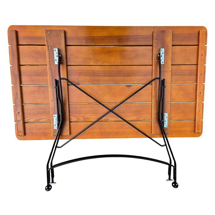 CHEFGASTRO BAVARIA Made in Germany HxBxT 74x120x70cm klappbar wetterfest & UV-beständig Eschenholz Schwarz/Braun -  - Unterseite eines klappbaren Lattenholztisches mit ausgeklappten schwarzen Metallbeinen.